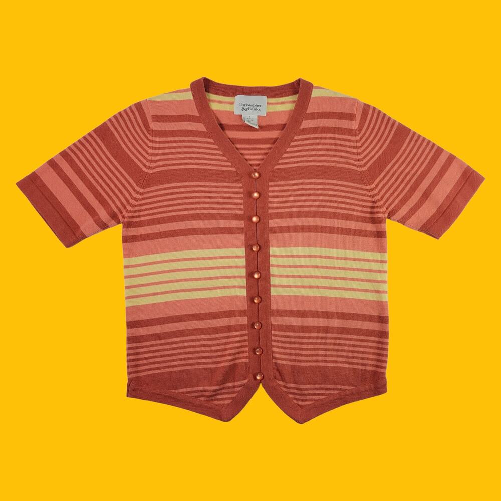 Knit Striped Button Up Short Sleeve Top, Pink Salmon Yellow, S